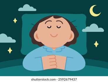 Healthy sleep routine illustration. A person is sleeping soundly. Cartoon style flat vector illustration.