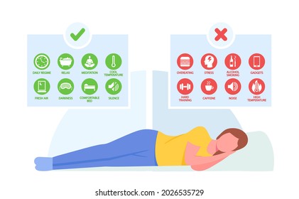 Healthy Sleep Rules, Good Night Habits Concept. Peacefully Sleeping Female Character and Infographics Rules for Bedtime. Sleep Tips Against Insomnia and Sleep Deprivation. Cartoon Vector Illustration