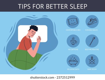 Healthy sleep rules. Guy sleeping in bed. Comfortable pillow and plaid blanket. Deep night rest. Recovery of body. Bedtime relax. Man napping in bedroom. Vector