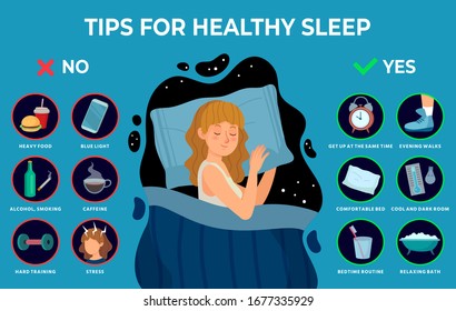 Healthy sleep rules. Healthy night sleep tips, good habits and peacefully sleeping girl vector infographics illustration. Tips and rule for bedtime sleep against insomnia