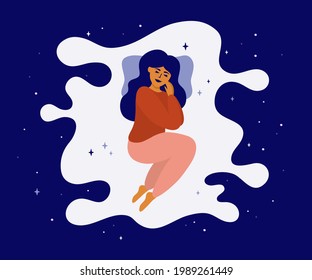 Healthy sleep, sweet dream concept. Young woman sleeps on abstract mattress in night starry sky. Cute girl lying on cloud bed. Health care, enjoying of sleeping. Time to relax flat vector illustration