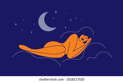 Healthy sleep, sweet dream concept. Woman sleeping on cloud bed in night starry sky. Female figure in moonlight, stars, crescent moon. Relax time, self or body care. Beautiful girl vector illustration