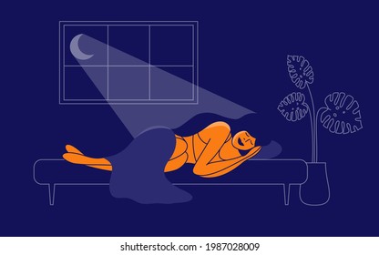 Healthy sleep, sweet dream at home. Young woman sleeping in bed or sofa under blanket. Girl relaxing in bedroom in moon light from window. Night room interior. Bedtime, rest time vector illustration