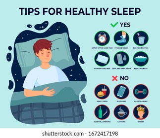 Healthy sleep tips infographics. Causes of insomnia, good sleep rules and man sleeps on pillow vector illustration. Healthy care recommendation for good sleep