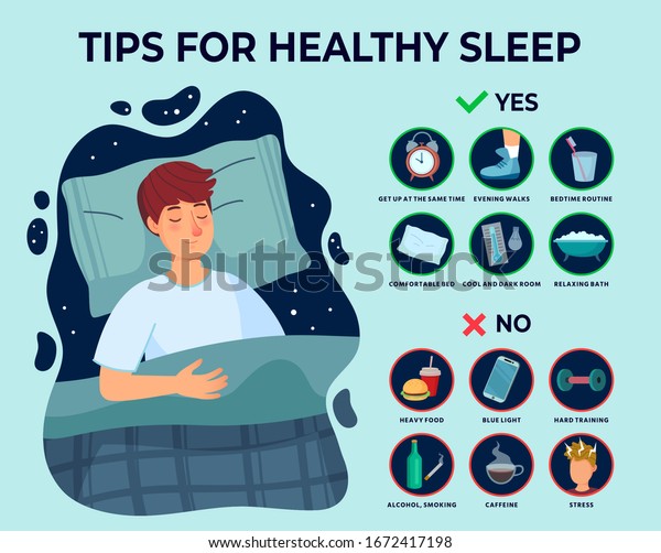 Healthy sleep tips\
infographics. Causes of insomnia, good sleep rules and man sleeps\
on pillow vector illustration. Healthy care recommendation for good\
sleep
