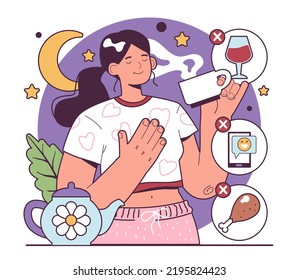 Healthy Sleep Tips. Insomnia Treatment, Good Sleep Rules. Healthy Recommendation For Relaxation. No Heavy Meal, No Blue Light From Electronic Devices, No Alcohol. Flat Vector Illustration