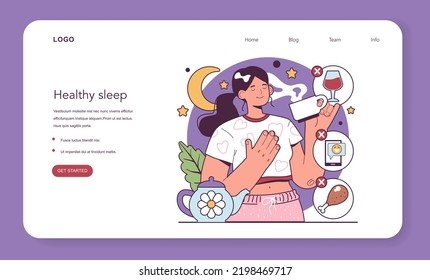 Healthy sleep tips web banner or landing page. Insomnia treatment, good sleep rules. Healthy recommendation for relaxation. No heavy meal, no blue light, no alcohol. Flat vector illustration