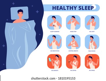 Healthy sleep. Tips for well sleeping, infographic of good night relaxation. Bedtime rules or tips, man in bed insomnia vector illustration