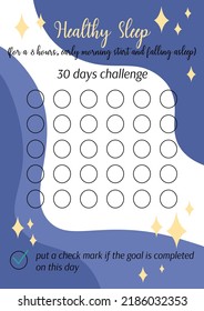 Healthy Sleep tracker. Personal 30 days challenge printable template. Good habits tracker blank. Vertical page A4 A5. Vector illustration of paper sheet for marking early awakening and falling asleep.