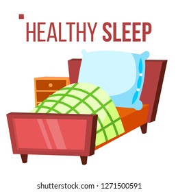 Healthy Sleep Vector. Comfortable Bed. Night Room. Isolated Flat Cartoon Illustration