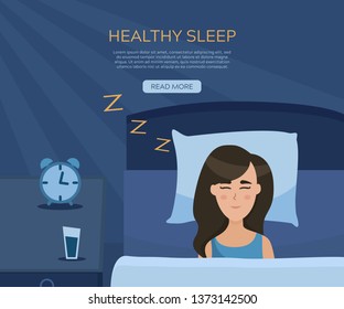 Healthy sleep vector illustration in flat style. Happy girl sleeping in bed. 