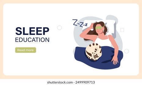 Healthy sleep woman poster. Young girl in sleep mask with cat lies on bed. Healthy lifestyle and proper daily routine. Dream, rest and recuperation. Landing page design. Flat vector illustration