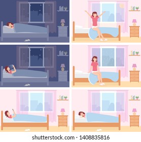 Healthy sleep. A woman sleeps and wake up happy, uses a smartphone before bedtime and wakes up sad with lack of sleep. Insomnia, sleep during the day. Different situations. Vector illustration