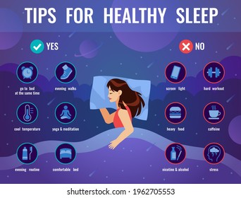 Healthy sleep. Women in bed with tips icons for good sleep, night space dream, causes deprivation, insomnia brochure, comfortable relaxation rules poster. Vector bedtime infographic