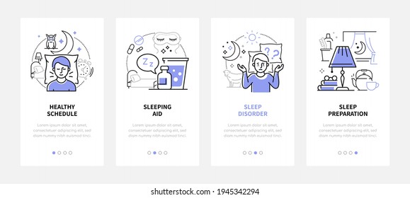 Healthy sleeping - modern line design style web banners with copy space for text. Carousel posts on healthcare theme. Healthy habits, bedtime behavior idea. Schedule, aid, disorder, preparation