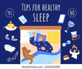 Concepto de consejos para dormir saludables. Vista superior al tipo soñador con mascota. Meditación, estilo de vida activo y rechazo de artilugios antes de la cama. Infografía y recordatorio, memo. Dibujo vectorial plano de dibujos animados