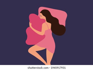 Mujer durmiente sana en la ilustración del vector de cama.  Buen sueño y buen sueño