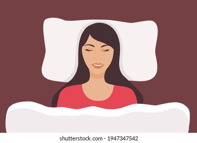 Healthy sleeping woman on bed vector illustration. Good sleep and good dream concept