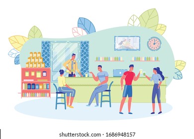 Healthy Slim People Cartoon Characters Drinking Fresh Smoothies and Protein Shakes In Fitness Club Cafe or Bar Interior. Sport Nutrition Supplements for Effective Training. Flat Vector Illustration.