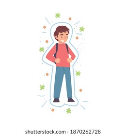 Healthy Smiling Boy Reflecting Bacteria And Viruses Attack, Strong Immune System Concept Cartoon Style Vector Illustration