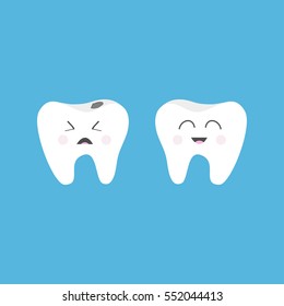 Healthy smiling tooth icon. Crying bad ill teeth with caries. Cute character set. Oral dental hygiene. Baby blue background. Flat design. Vector illustration