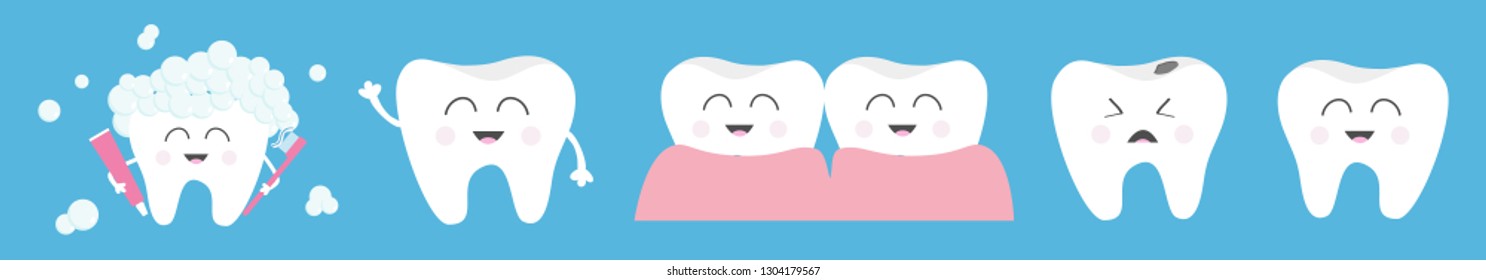 Healthy smiling white tooth icon set line. Crying bad ill teeth. Toothbrush toothpaste bubble foam. Before after concept. Cute character set. Oral dental hygiene. Baby background. Flat design. Vector