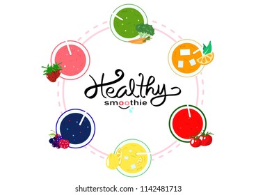 Healthy smoothie balance diet menu, banner template food and drinking product, vegetable and fruit juicy concept on white space background vector illustration, top view flat design