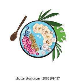 Healthy smoothie bowl,blue smoothie spirulina bowl,with banana blueberries, raspberries,dragon fruit,blueberries and nuts.Realistic cartoon hand drawing, Healthy vegan food.Vector illustration