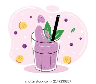 Healthy smoothie concept. Drink made from natural and organic products, fruits and vegetables. Vegetarian diet, nutrition with vitamins. Sports and fat burning. Cartoon flat vector illustration