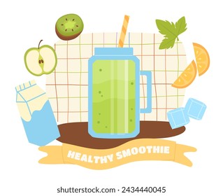 Concepto de batido saludable. Bebida natural y orgánica con hielo. Manzana y kiwi, rodajas de limón con cóctel. Bebida con vitaminas. Ilustración plana del vector de la historieta aislada sobre fondo blanco