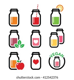 Healthy smoothie drink, juice in jar icons set 