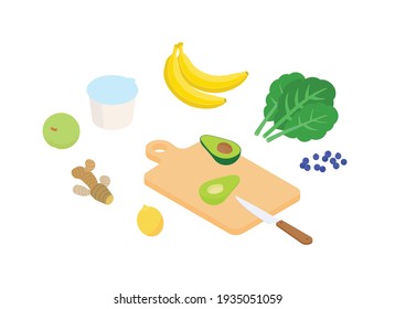 Healthy smoothie prep set. Isometric vector illustration in flat design. 