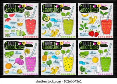 Healthy smoothie receipes set. With illustration of ingredients, glass, stars, hearts and vitamin. Hand drawn vector illustration sketch style. Fruits, vegetables, juice.