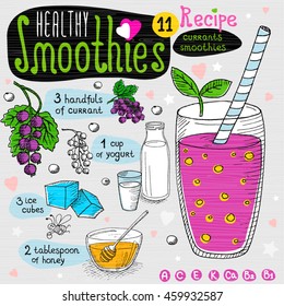 Healthy smoothie recipe set. With illustration of ingredients, glass, stars, hearts and vitamin. Hand drawn in sketch style. Currants smoothie. Curant, ice, honey, yogurt.