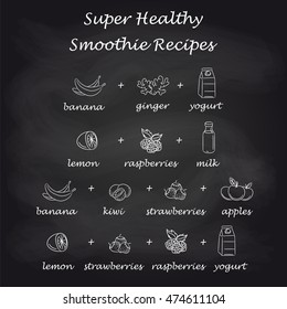 Healthy smoothie recipes in pictures. Hand drawn smoothie vector recipes on black background