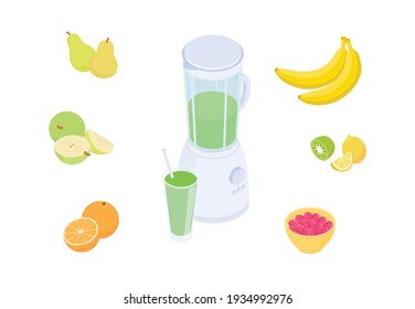 Healthy smoothie set. Isometric vector illustration in flat design. 