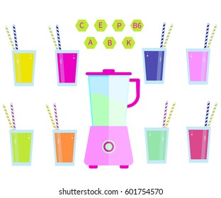Healthy smoothie set with recipes.Vector illustration.