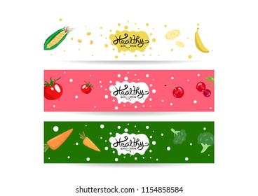 Healthy smoothie splashing, set of banner collection tag balance diet menu, colorful vegetables and fruits concept background texture vector illustration