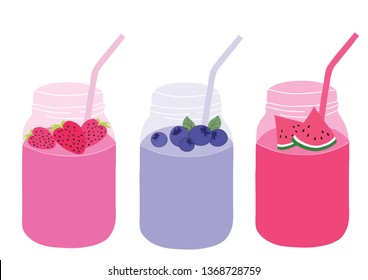 Healthy smoothies concept, strawberry, blueberry and watermelon isolated vector-illustration