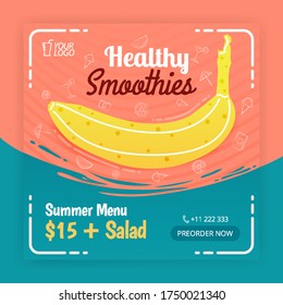 Healthy Smoothies publica anuncios en medios sociales. Cartel para el negocio de la comida y la bebida. Se puede usar para medios en línea, folletos, volante, tarjeta, publicidad en pared, afiches, promoción en medios de comunicación, carteles, aplicaciones publicitarias