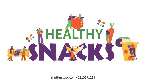 Healthy snack banner header with tiny people characters carrying vegetarian and grain food, flat cartoon vector illustration isolated on white background.