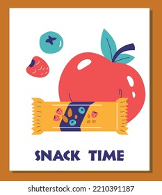 Healthy snack banner or poster template flat cartoon vector illustration. Fast natural food snacks and healthy light bites between meals banner or card mockup.