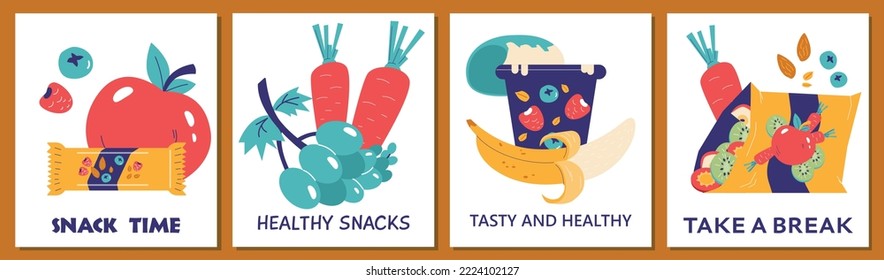 Healthy snack banners or cards bundle with various vegetarian and grain food, flat cartoon vector illustration isolated on white background. Healthy snacks and desserts.