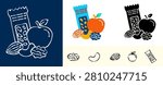Healthy Snack Doodle Icon Set, Nutritious Food Collection, Fruits Nuts Yogurt and Smart Snack Choices, Outline, Solid and Color Vector Collection