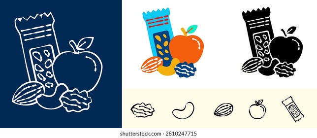 Healthy Snack Doodle Icon Set, Nutritious Food Collection, Fruits Nuts Yogurt and Smart Snack Choices, Outline, Solid and Color Vector Collection