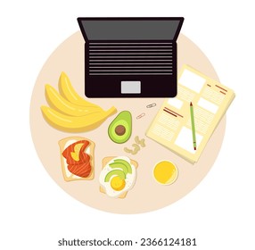 Healthy snack for eating during work vector illustration. Laptop and papers for working or studying, fruits, vegetables, sandwiches and nuts for lunch break. Nutrition during work, food concept
