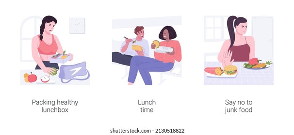 Healthy snack isolated cartoon vector illustrations set. Sporty girl packing healthy lunchbox, people have lunch, balanced diet, reject junk food, nutrition plan, making meal choice vector cartoon.