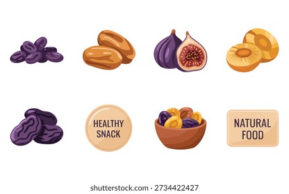 Conjunto de etiquetas de bocadillos saludables, ciruelas secas ciruelas ciruelas higos gráficos, etiqueta engomada de alimentos naturales, promoción de plan de dieta, Vector de campaña de mes de nutrición