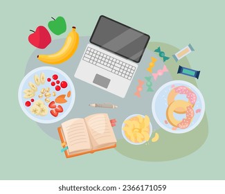 Healthy snack on work desk vector illustration. Laptop and notebook for working or studying, fruits, candies and nuts for eating on lunch break. Nutrition during work, food concept