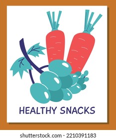 Healthy snack poster template with carrot and grapes, flat vector illustration. Fresh fruit and vegetable. Concept of healthy eating and nutrition.